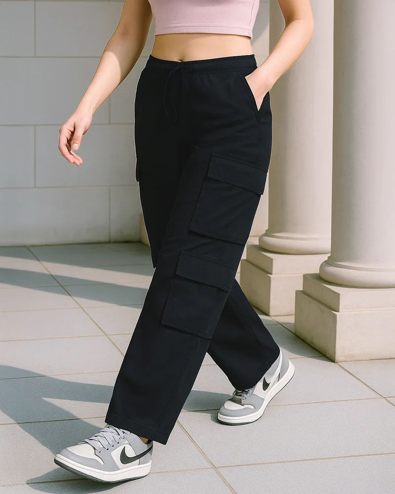 bewakoof Women's Black Baggy Oversized Cargo Parachute Pants